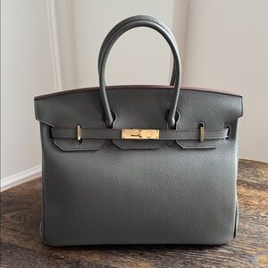 35CM Togo Leather Top Handle Satchel Bag - Charcoal Grey